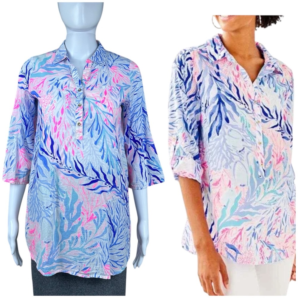 Lilly Pulitzer Captiva Tunic Shirt Sz XL Kaleidoscope Blouse Coral Resort Preppy